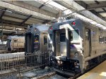 NJT Comet V Cab Car on the left, a Multilevel Cab Car in the middle, and a NJT Comet V Cab Car on the far right